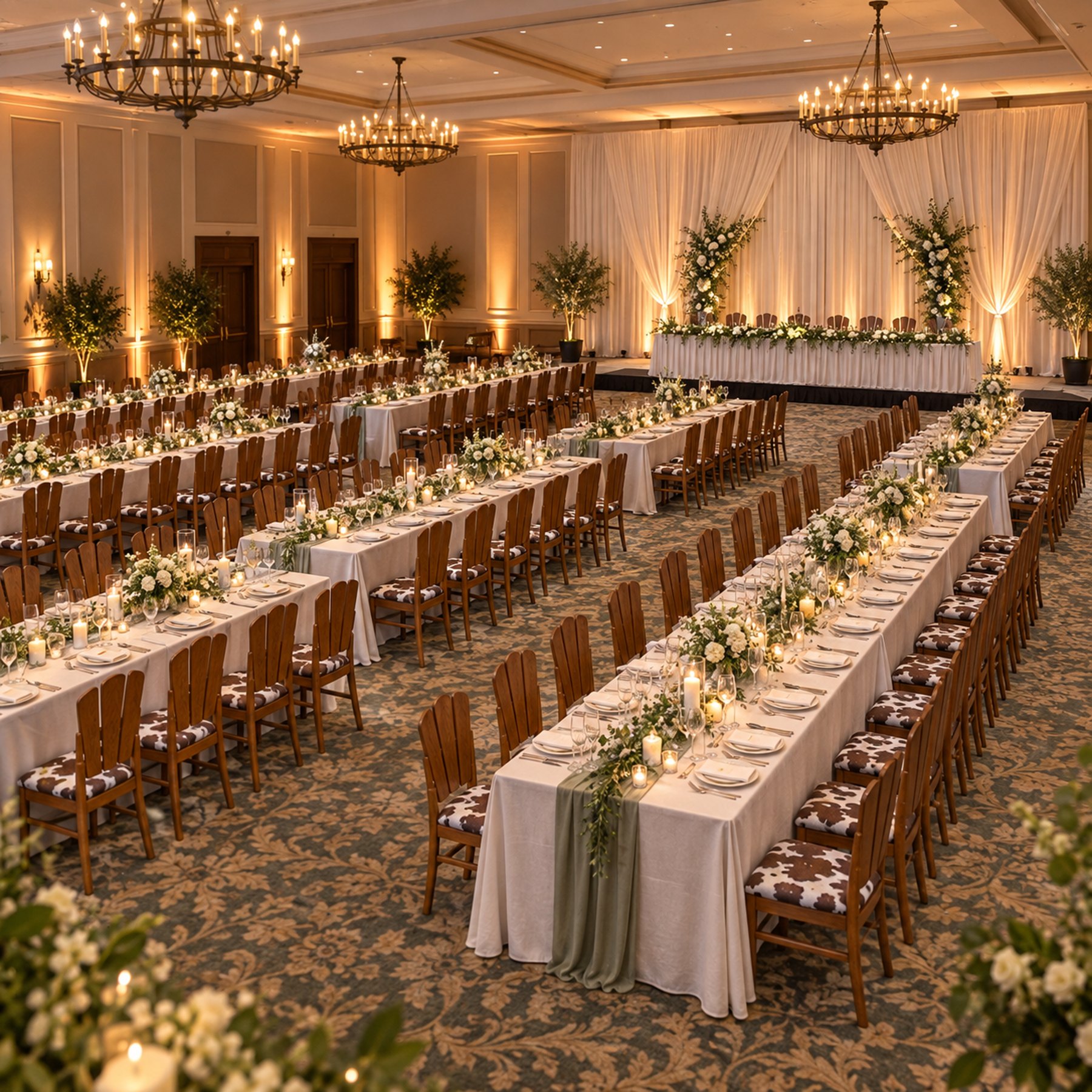 Banquet hall set for a wedding with the full room layout visible