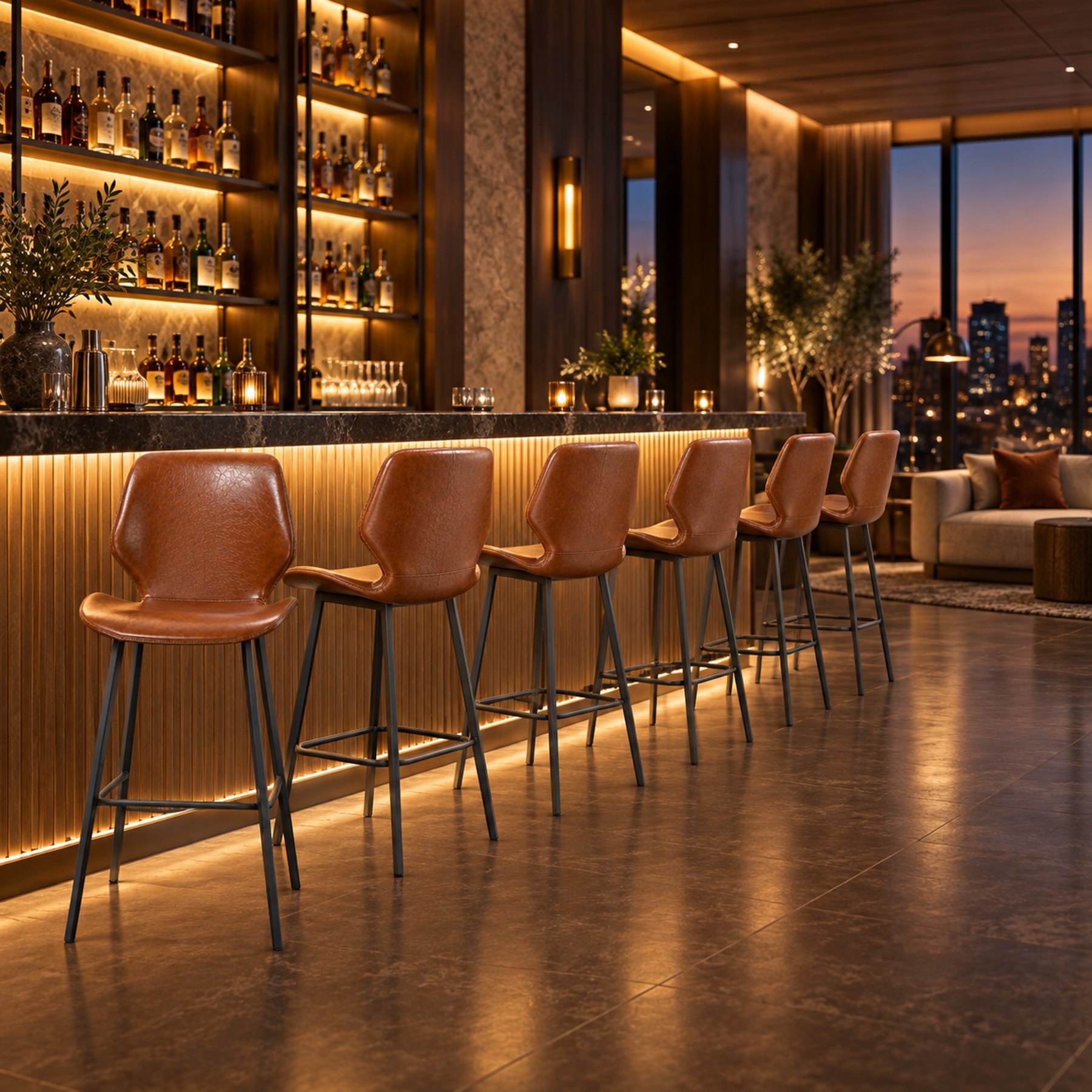 Hotel bar seen wide with the full counter run and lounge seating behind