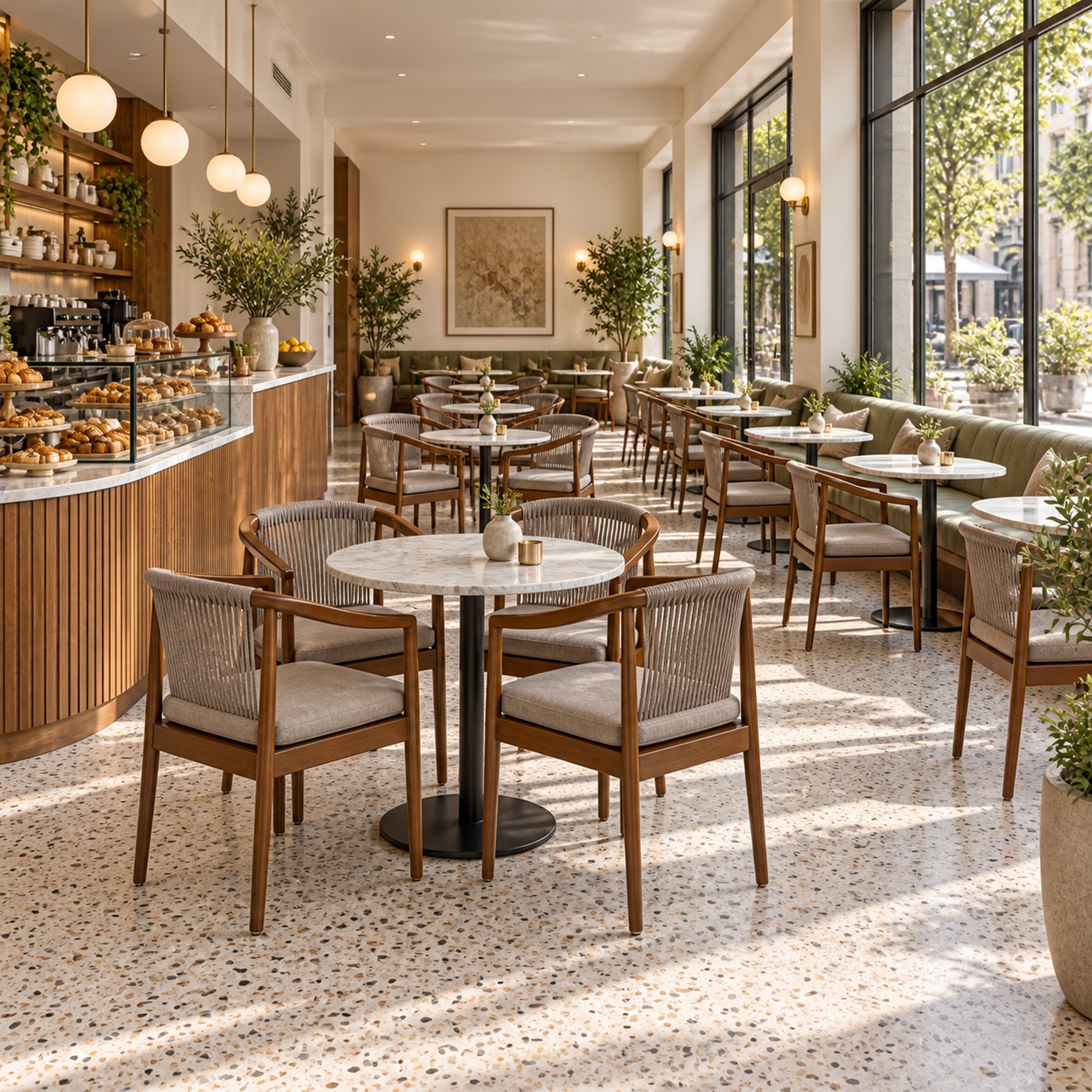 All-day cafe seen wide, showing the full seating plan and counter