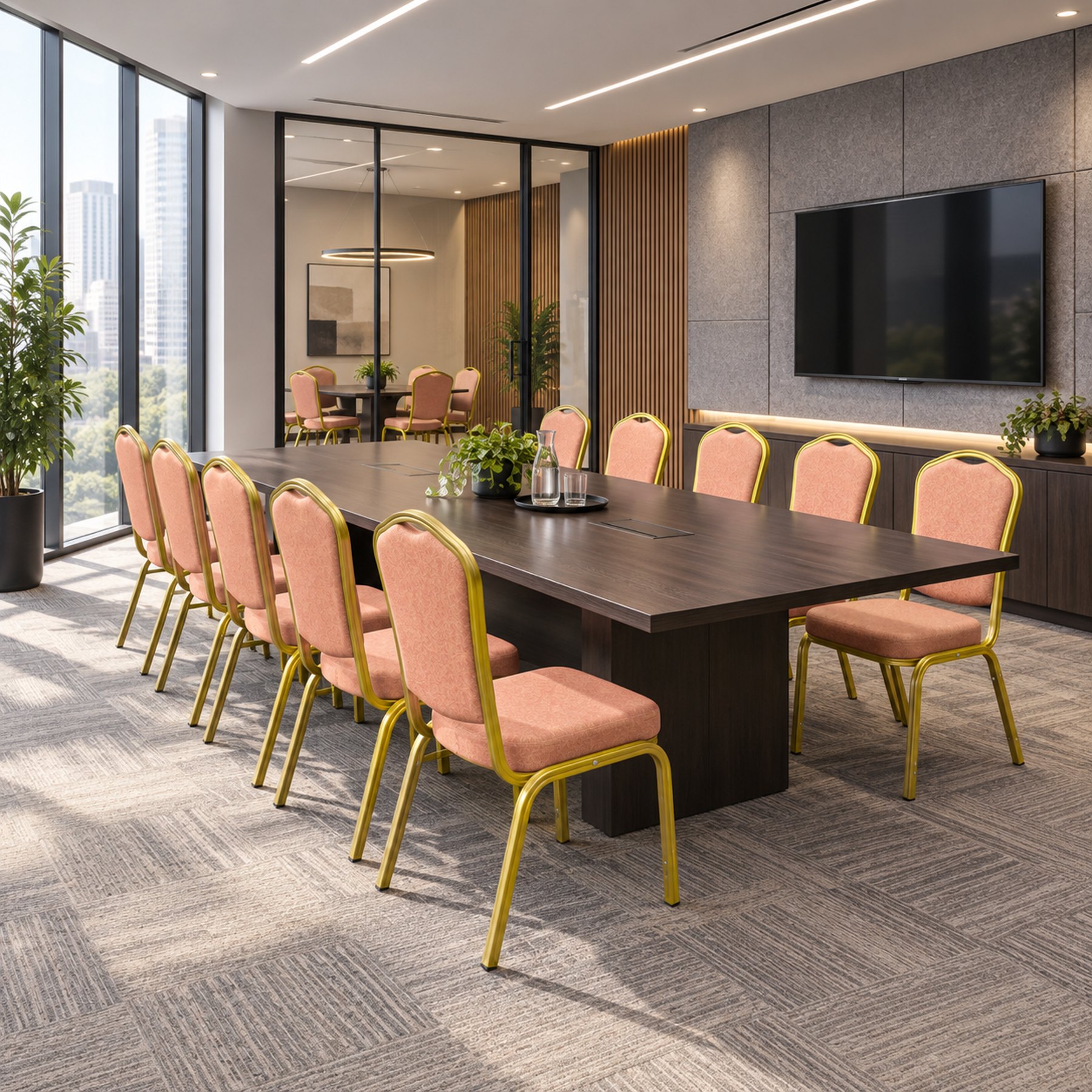 Conference floor seen wide with boardroom table and seating down both sides