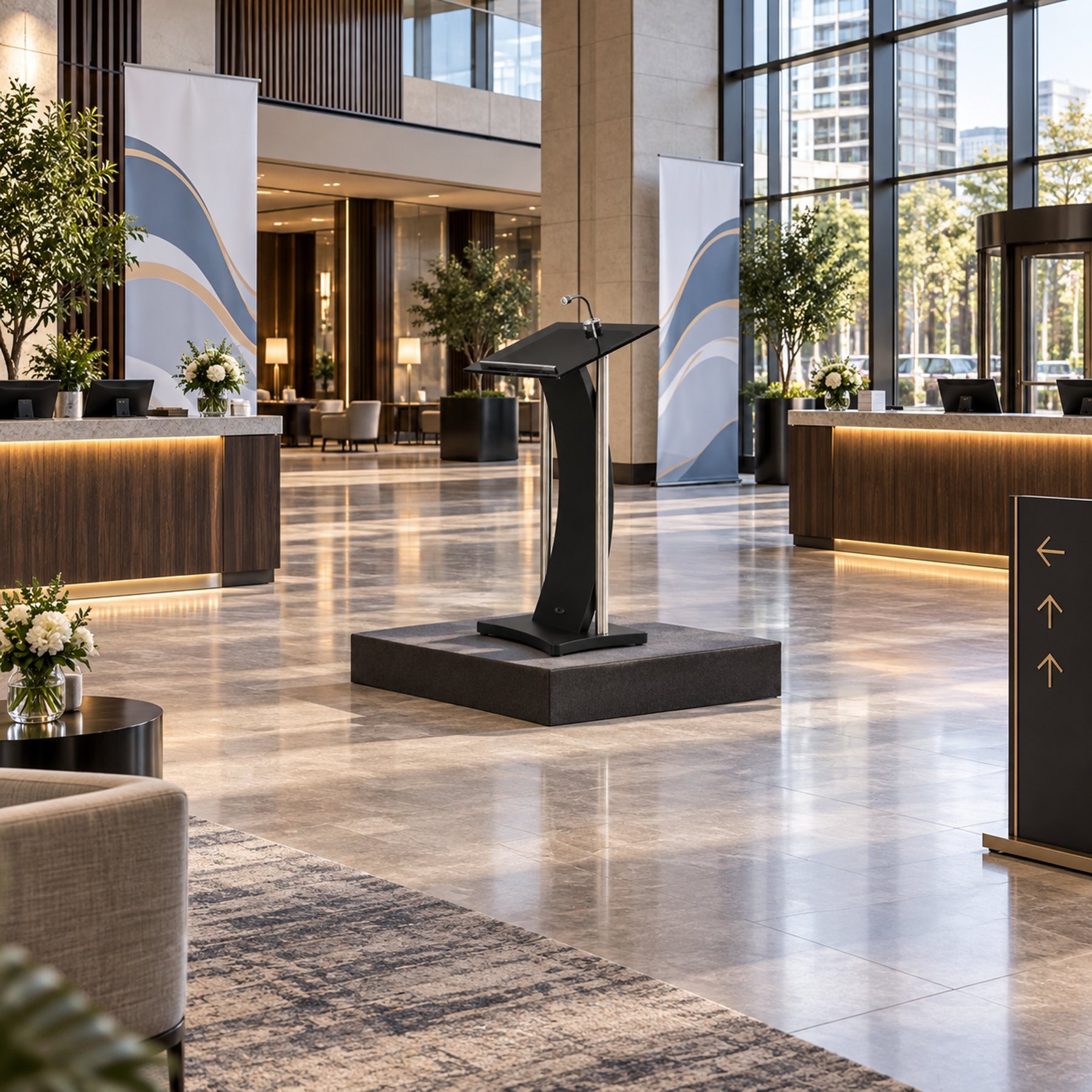 Hotel exhibition and reception foyer seen wide with circulation space