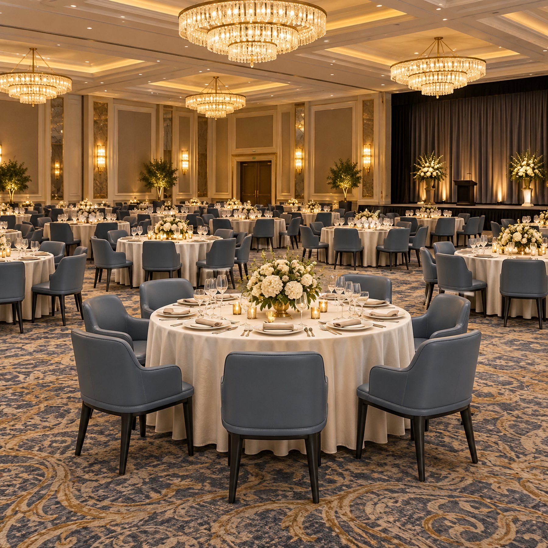 Hotel ballroom laid out with matched seating for a gala dinner