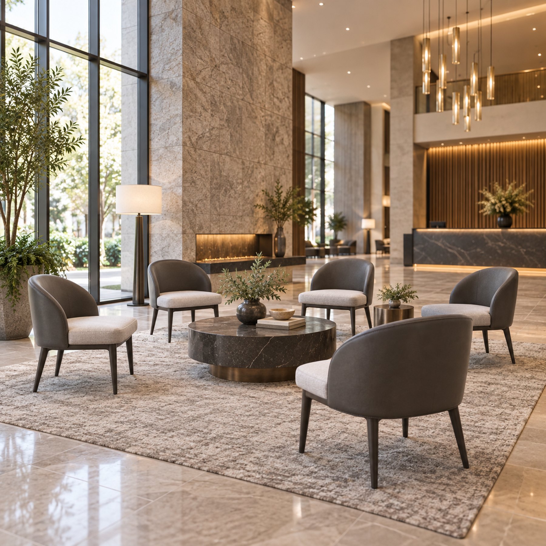 Hotel lobby lounge seen wide, showing the full seating island
