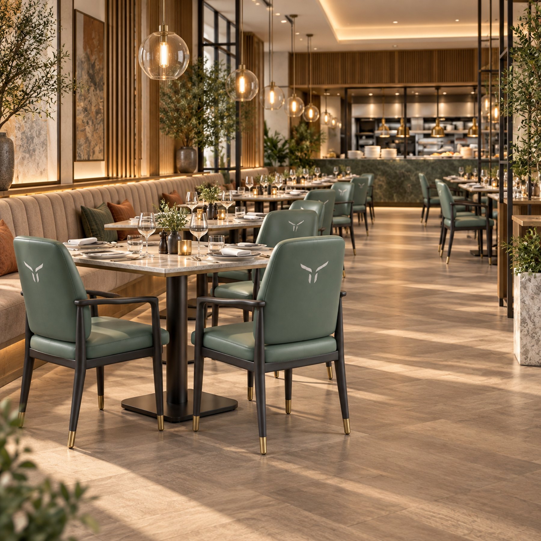 Hotel all-day dining restaurant seen from the corner, whole room in view