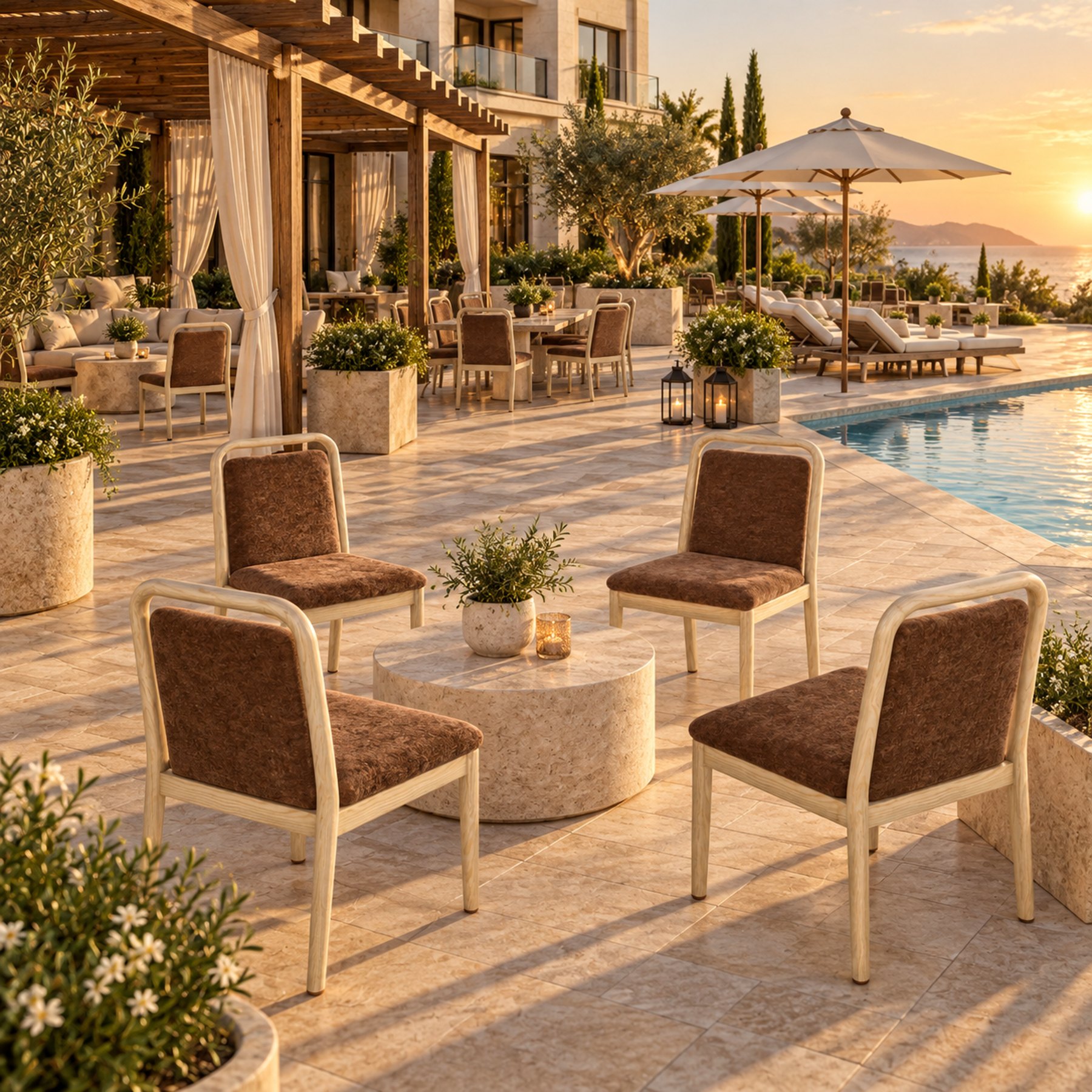 Hotel terrace and pool deck laid out in seating clusters